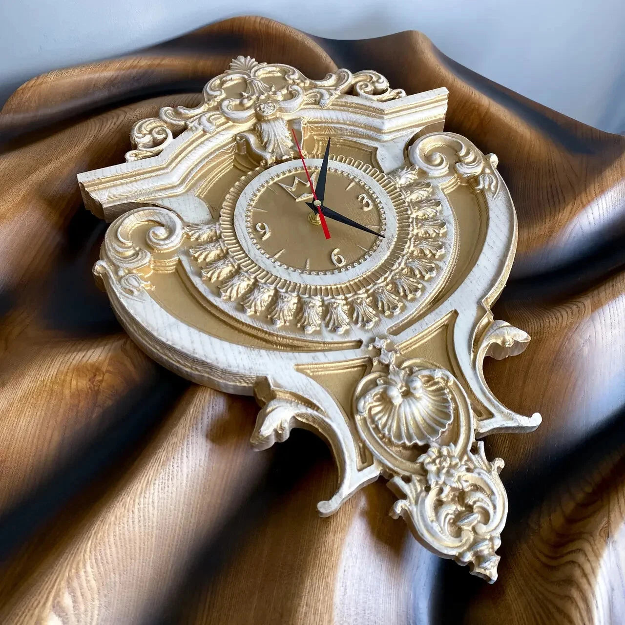 Luxury carved wooden wall clock in baroque style, white and gold decorative clock shown from side angle on wall