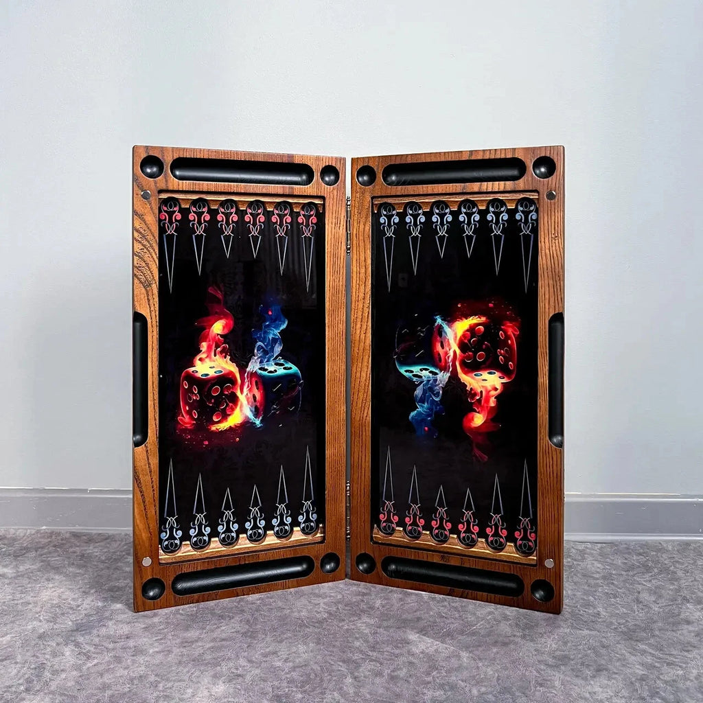 Handcrafted wooden backgammon board interior with fiery dice artwork under tempered glass and carved wooden frame