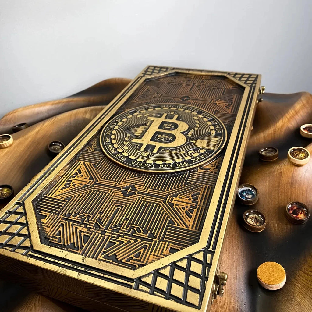 Luxury wooden backgammon with carved Bitcoin emblem and epoxy chips, handmade crypto backgammon set