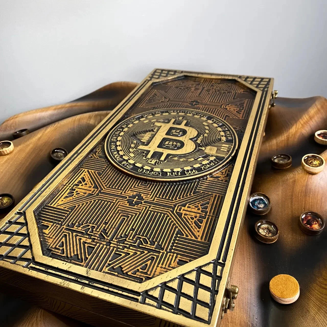 Luxury wooden backgammon with carved Bitcoin emblem and epoxy chips, handmade crypto backgammon set