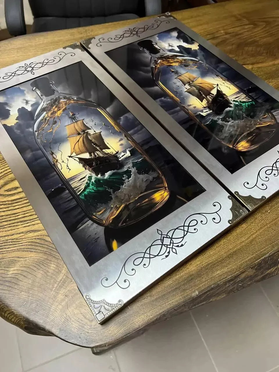 Luxury wooden backgammon board featuring a sailing ship inside a glass bottle design on the exterior
