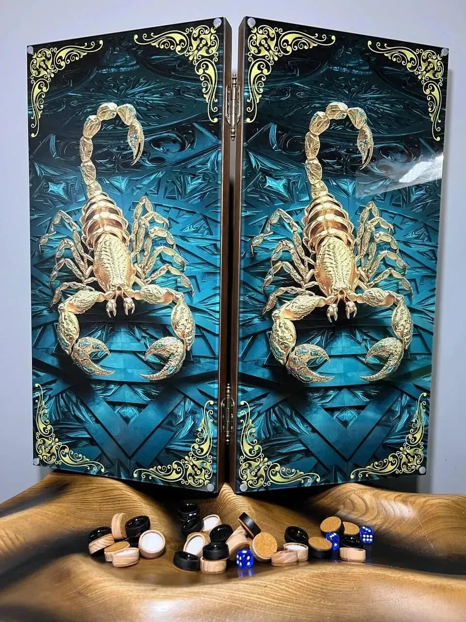 Handcrafted wooden backgammon board with blue scorpion artwork, open view showing detailed design and gameplay layout