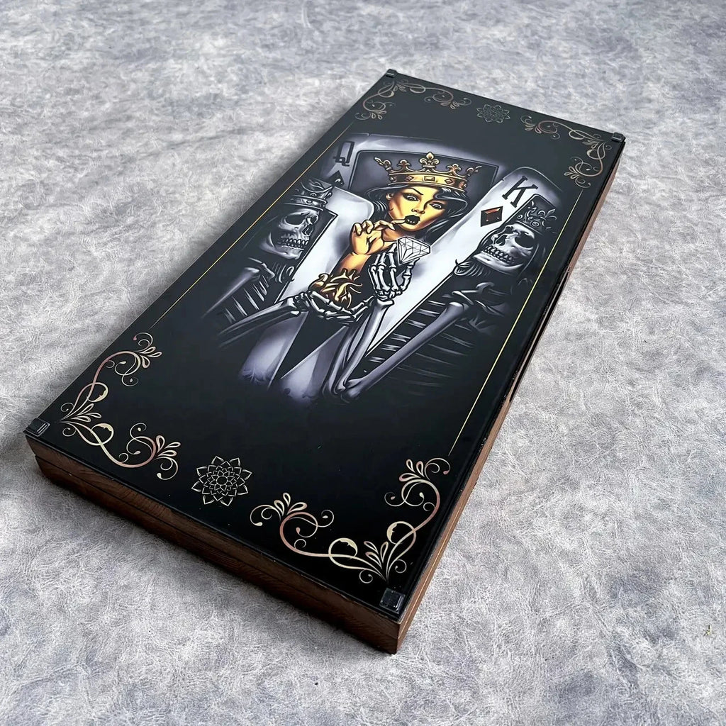 Handmade wooden backgammon board with tempered glass, queen of cards artwork, luxury casino style design
