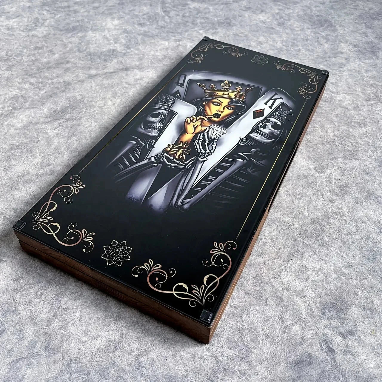 Handmade wooden backgammon board with tempered glass, queen of cards artwork, luxury casino style design