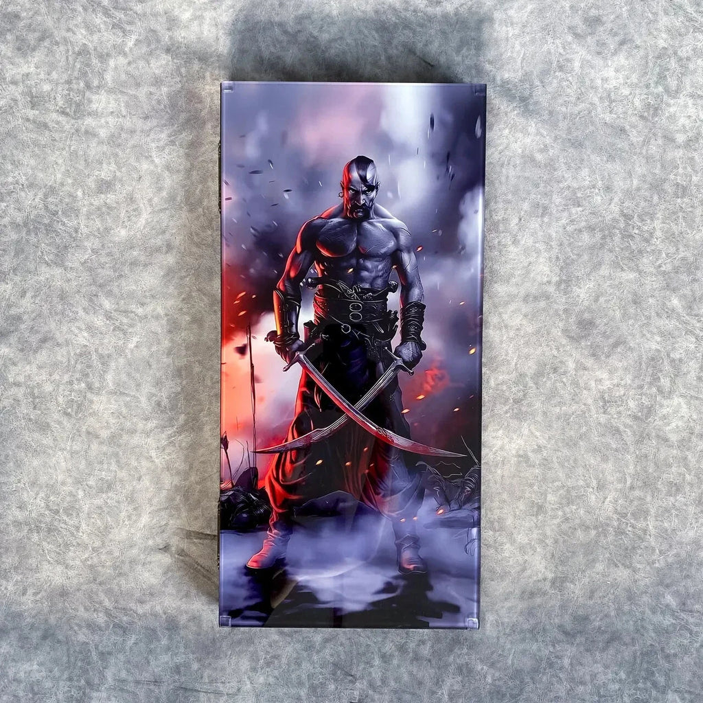 Handcrafted wooden backgammon set with Zaporizhian Cossack warrior artwork under tempered glass, dramatic historical design