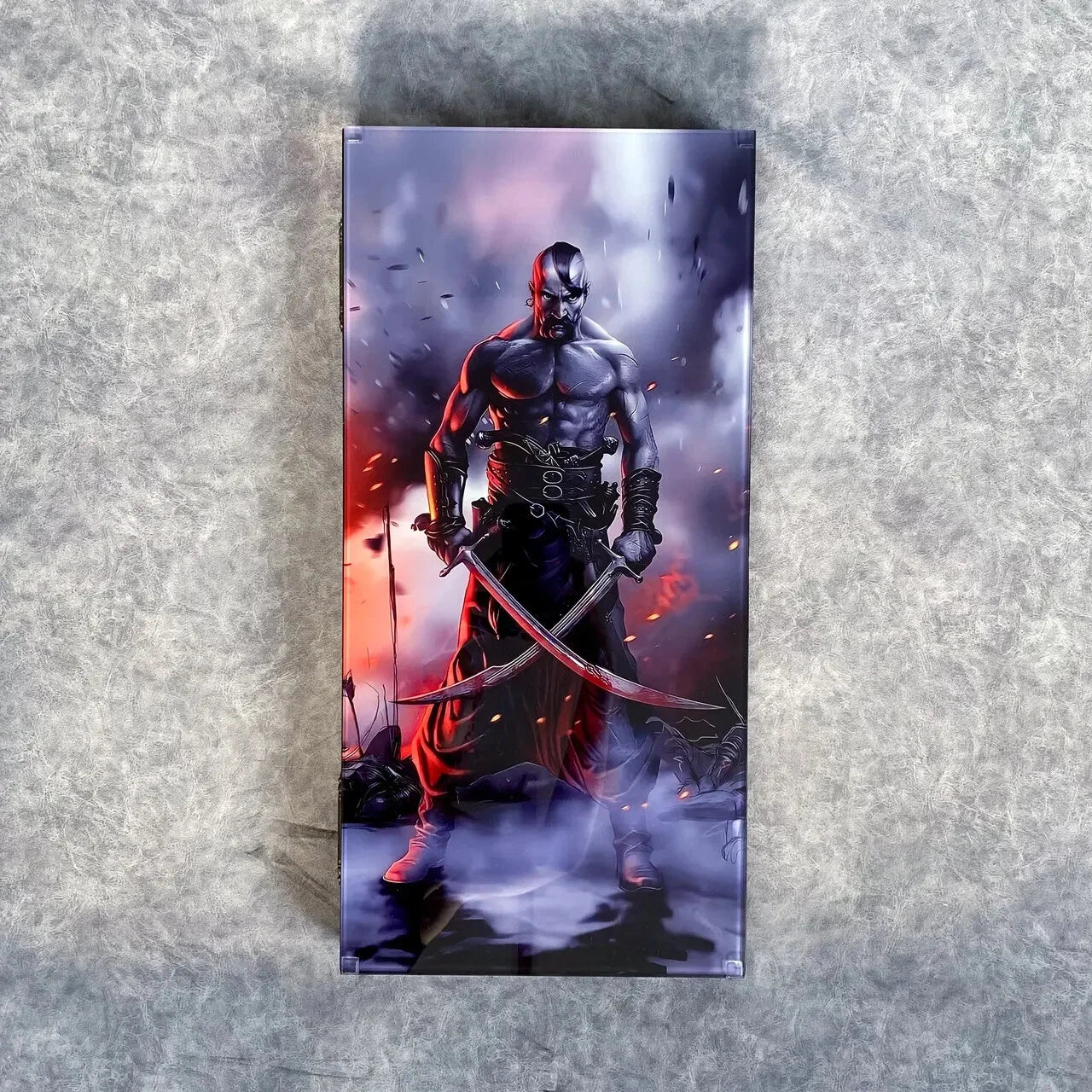 Handcrafted wooden backgammon set with Zaporizhian Cossack warrior artwork under tempered glass, dramatic historical design