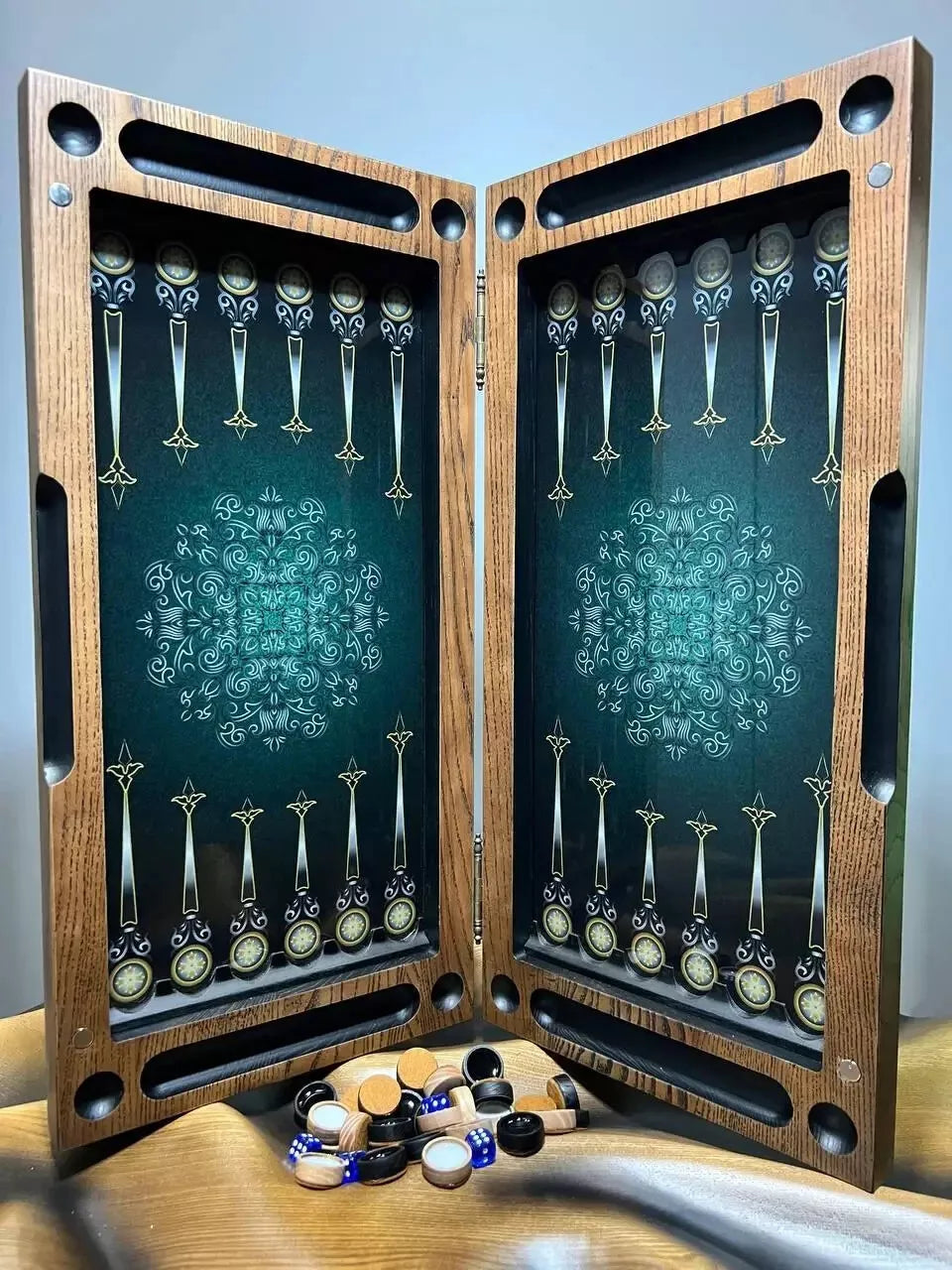 Premium handcrafted backgammon board featuring Scorpio motif, ash wood frame and smooth glass surface
