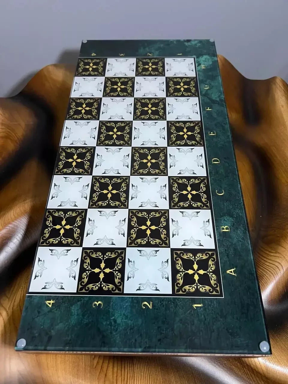 Elegant glass chess board with wooden base, handmade tabletop game