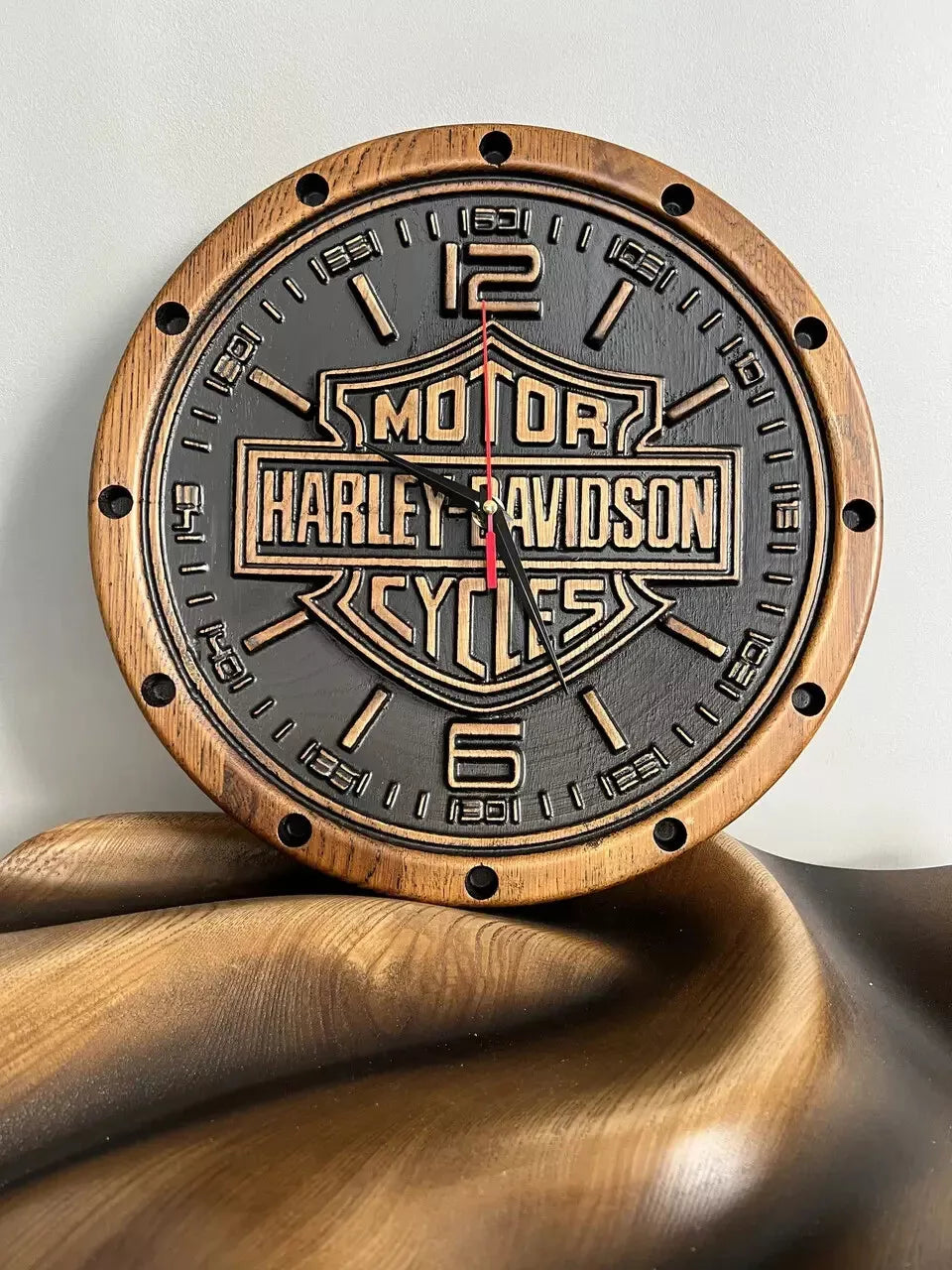 Handmade wooden wall clock with carved Harley-Davidson style motorcycle emblem, rustic round clock for garage or man cave decor