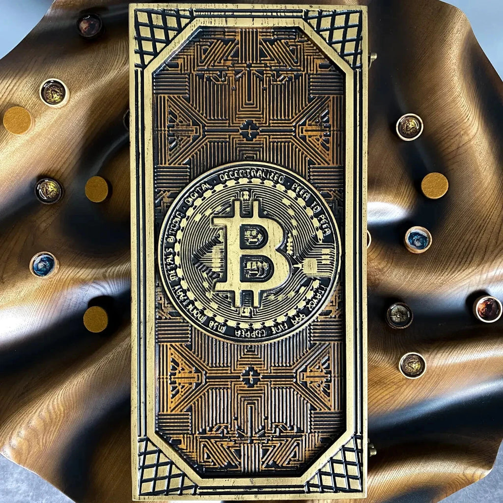 Luxury wooden backgammon board with carved Bitcoin symbol, handcrafted crypto themed game