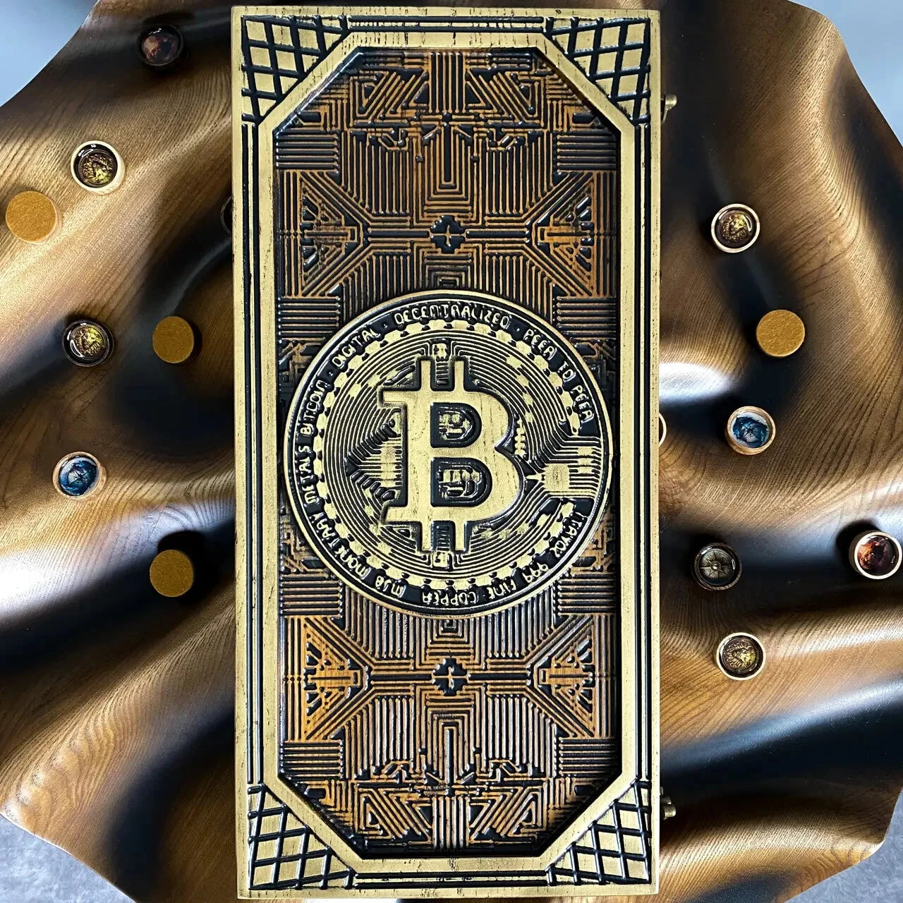 Luxury wooden backgammon board with carved Bitcoin symbol, handcrafted crypto themed game