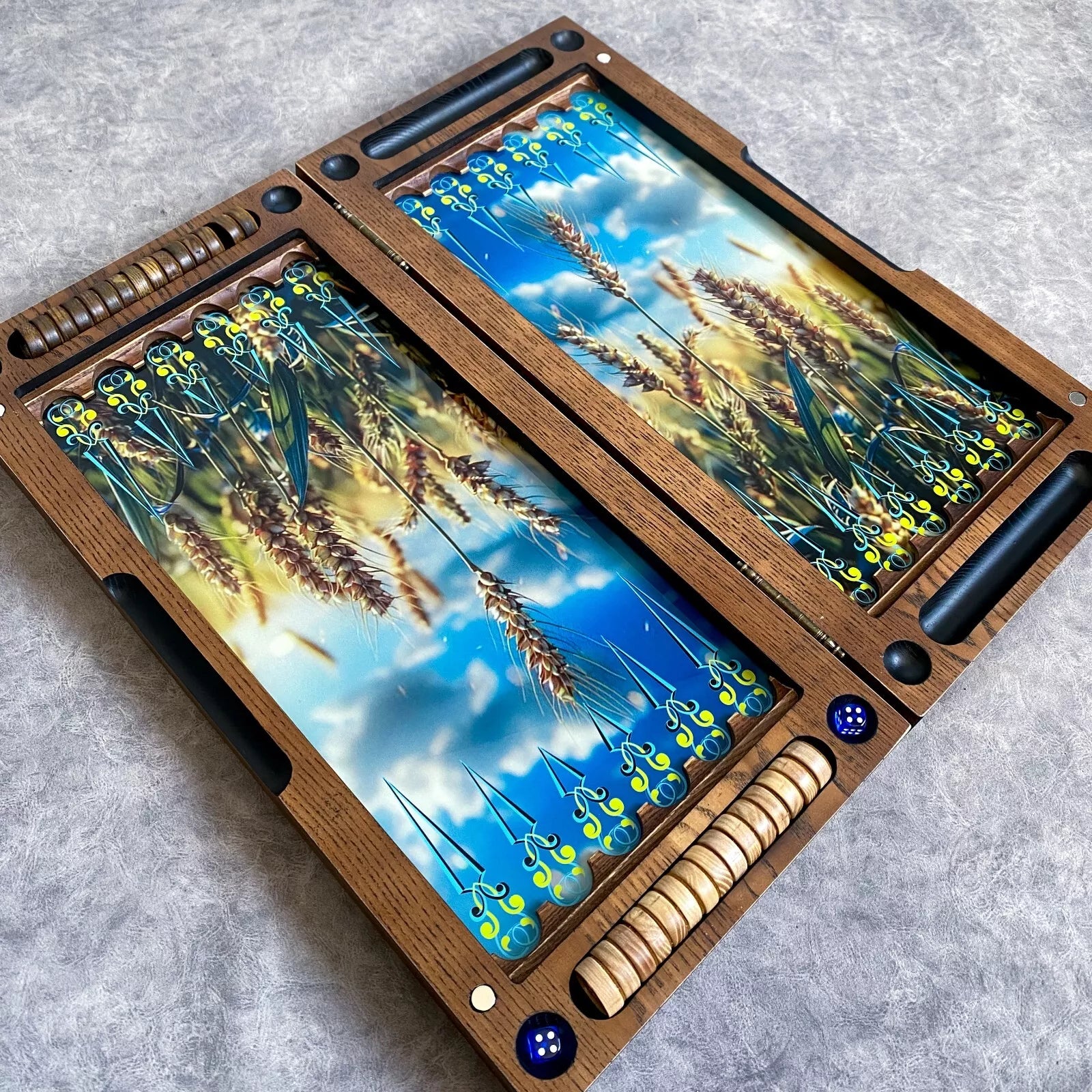 Premium handmade backgammon board featuring wheat field design and smooth resin chips