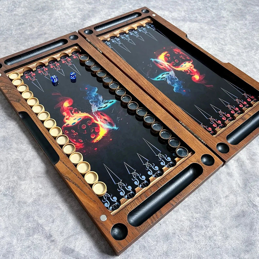 Open wooden backgammon set with tempered glass, flaming dice design, handcrafted board with wooden checkers