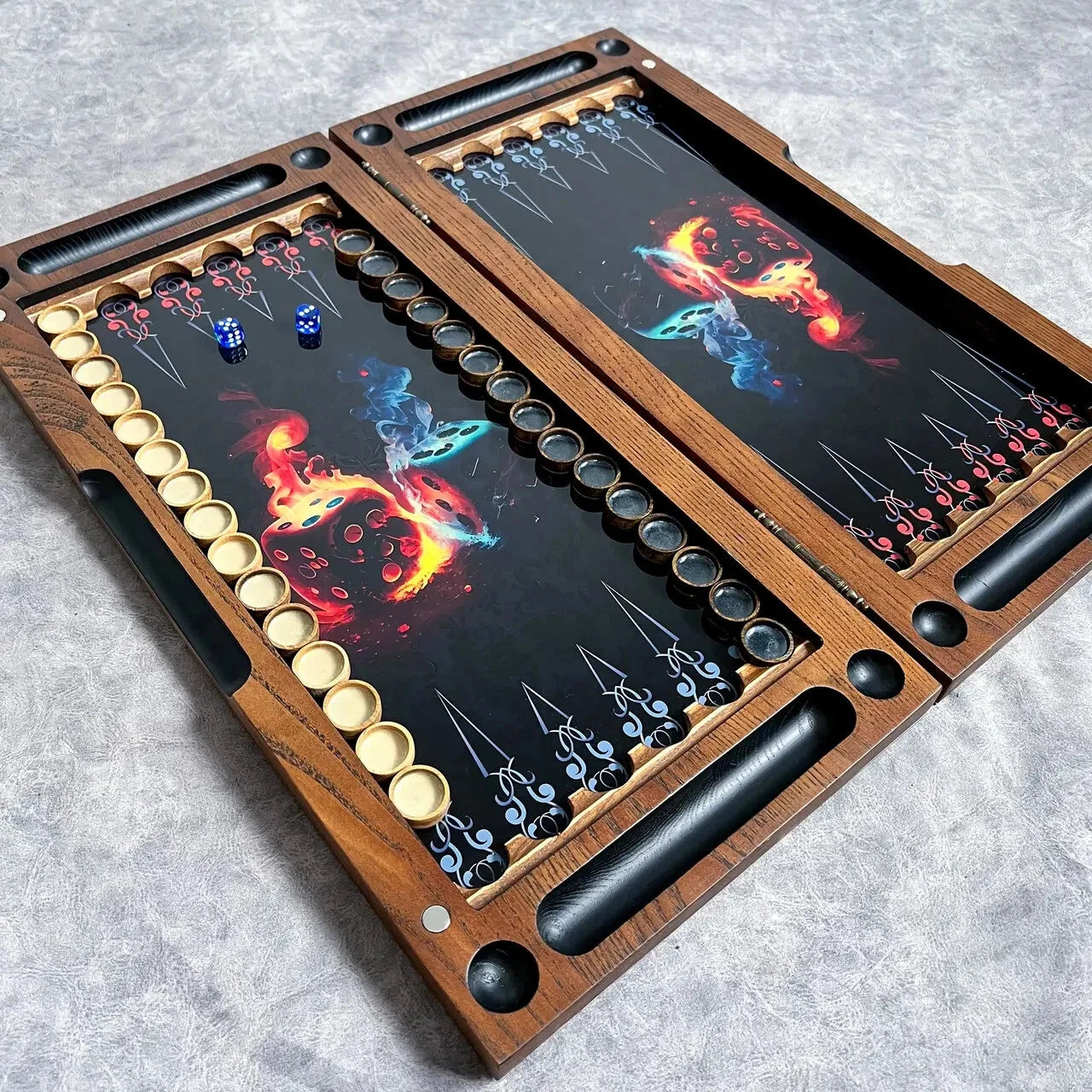 Open wooden backgammon set with tempered glass, flaming dice design, handcrafted board with wooden checkers