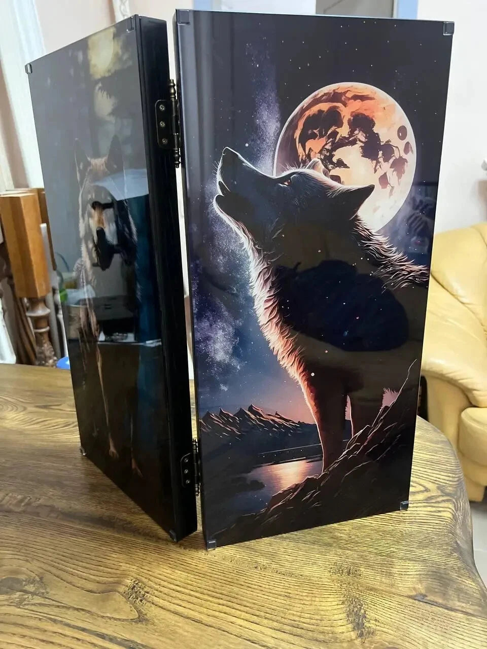 Handcrafted wooden backgammon board with wolf howling at the moon artwork under glass