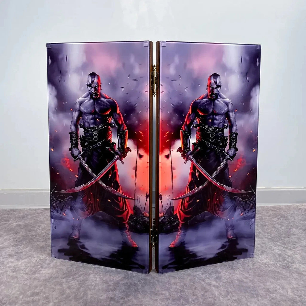 Wooden backgammon board with Zaporozhian Cossack warrior holding sabers, dramatic artwork on tempered glass cover