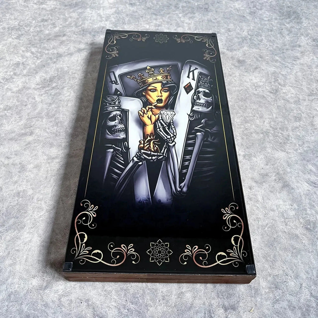 Premium wooden backgammon set with glass cover, playing cards queen illustration, elegant dark fantasy theme
