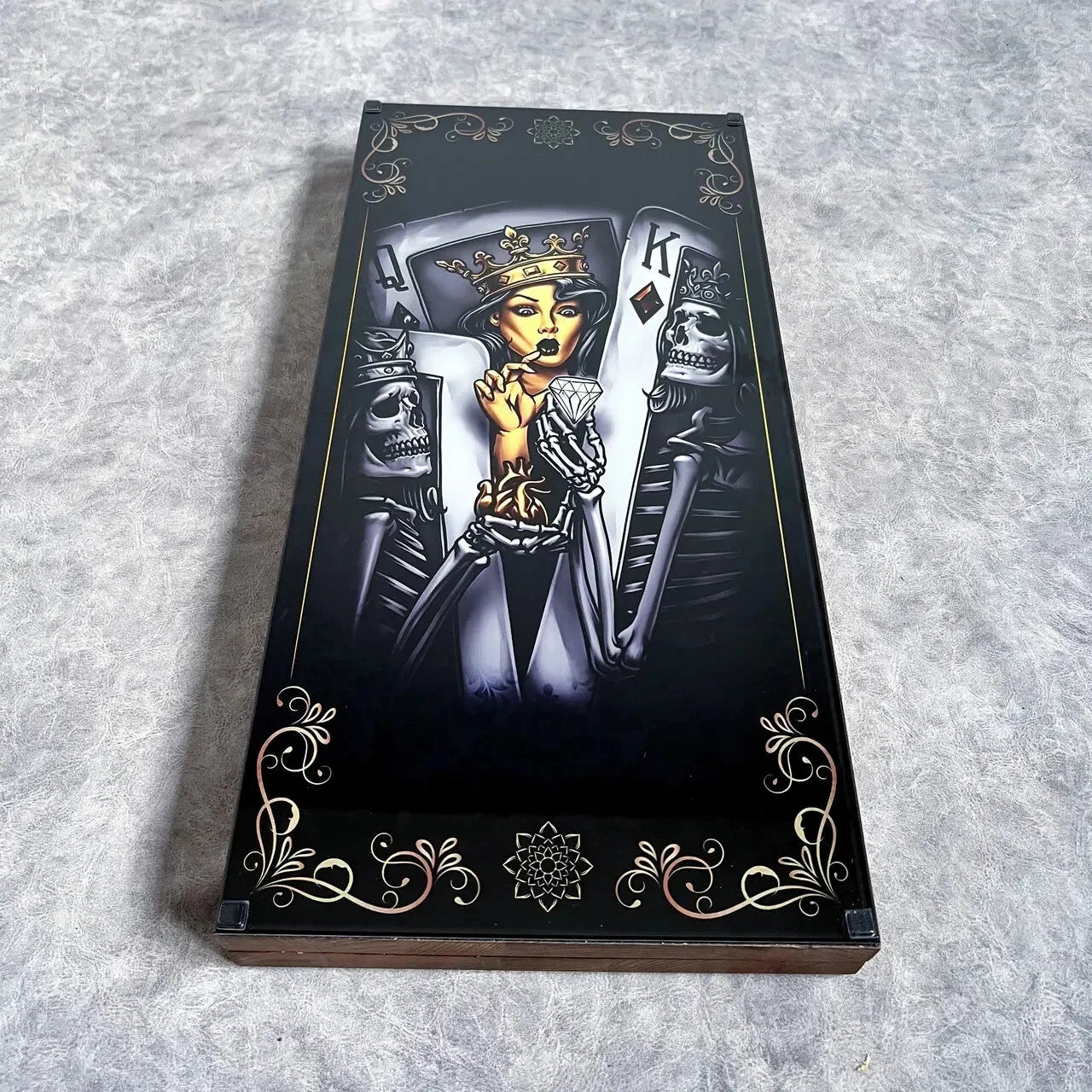 Premium wooden backgammon set with glass cover, playing cards queen illustration, elegant dark fantasy theme