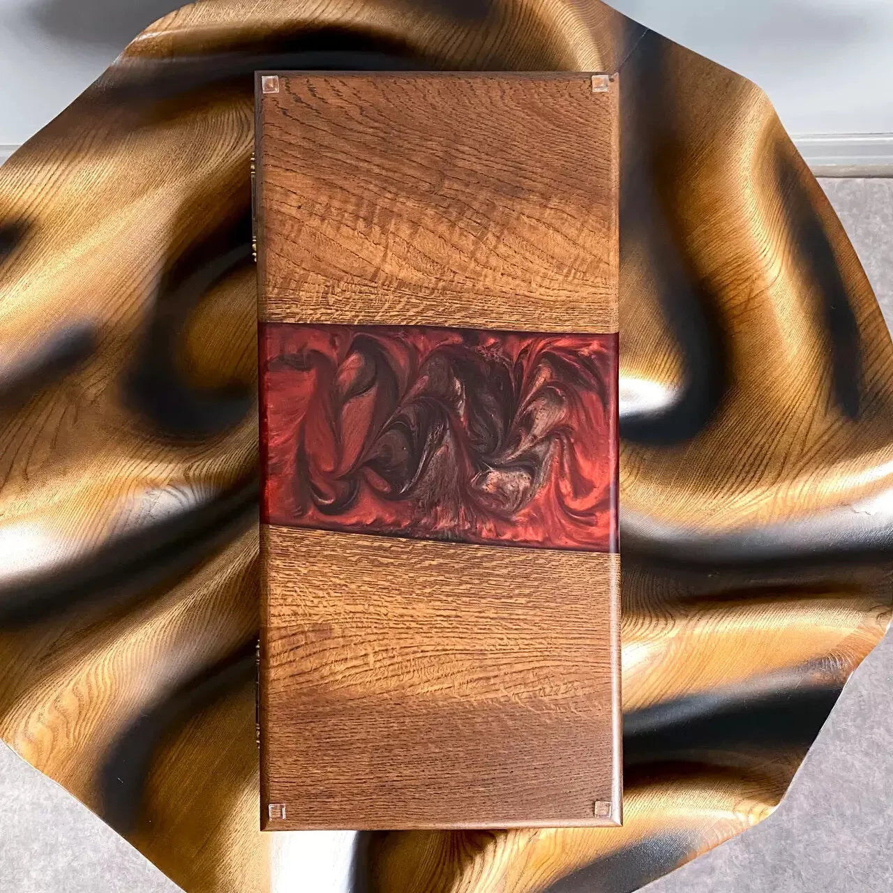 Wood and epoxy resin backgammon set closed, natural wood with red river epoxy design