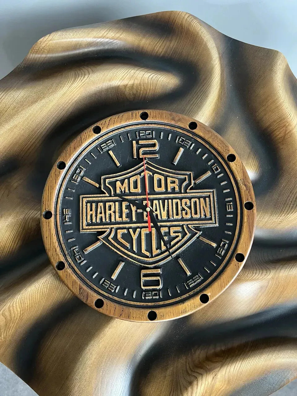 Round wooden wall clock with carved motorcycle emblem, rustic handmade clock for garage wall decor