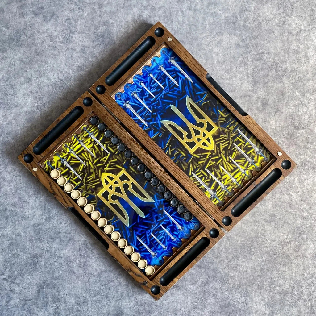 Handcrafted backgammon board interior with Tryzub emblem, Ukrainian national colors and resin-filled playing surface