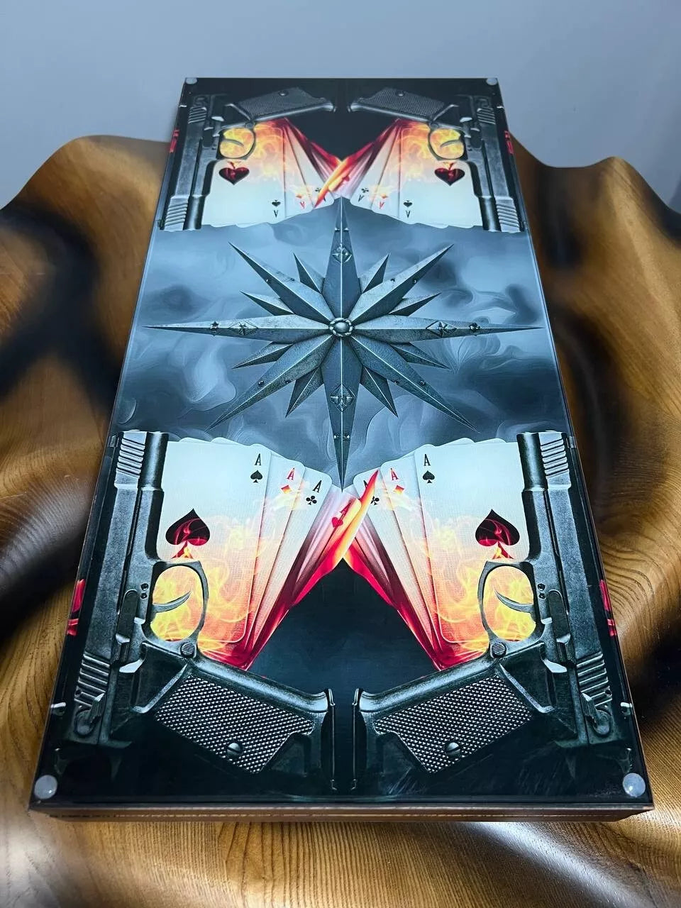 Custom wooden backgammon board featuring cards and weapons artwork, premium handmade gift