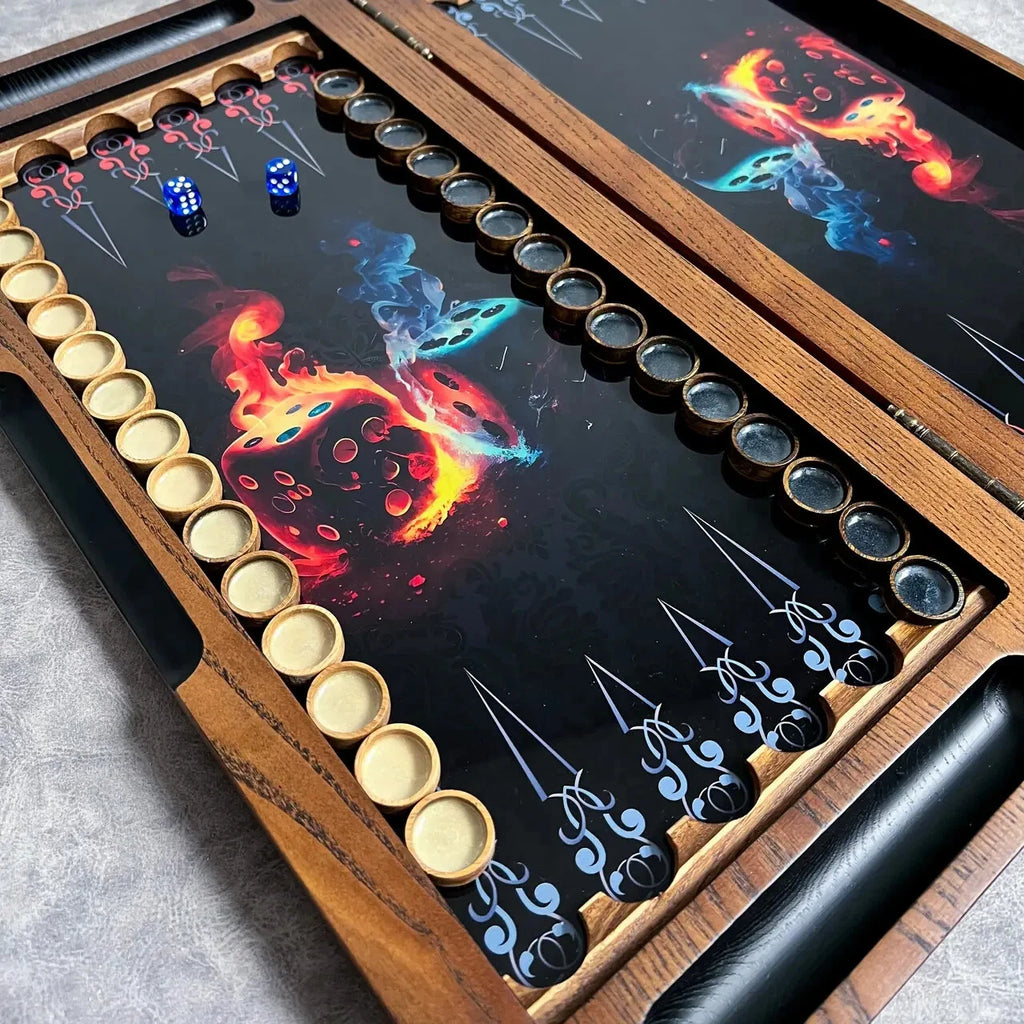 Luxury handmade backgammon board with glass playing field, fire and ice dice artwork, wooden frame and chips