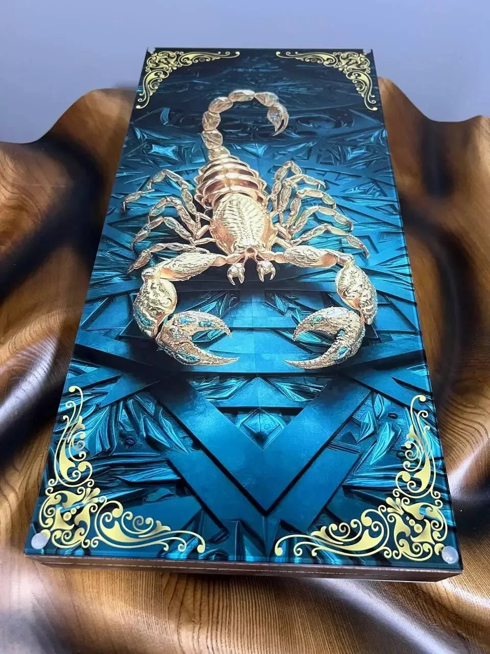 Handmade wooden backgammon set with blue scorpion design, luxury board game with epoxy-style artwork