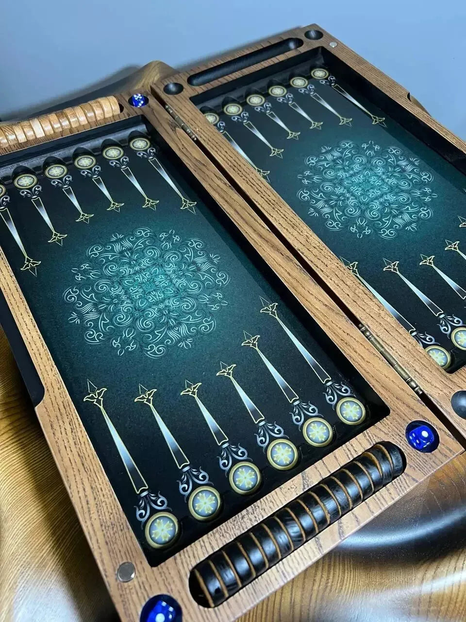 Wooden backgammon checkers with resin inlay and smooth sliding base