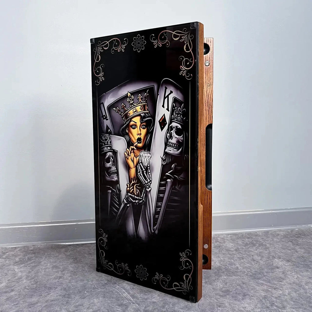 Luxury wooden backgammon set with tempered glass, Kings and Queens playing cards artwork, side view of handcrafted board