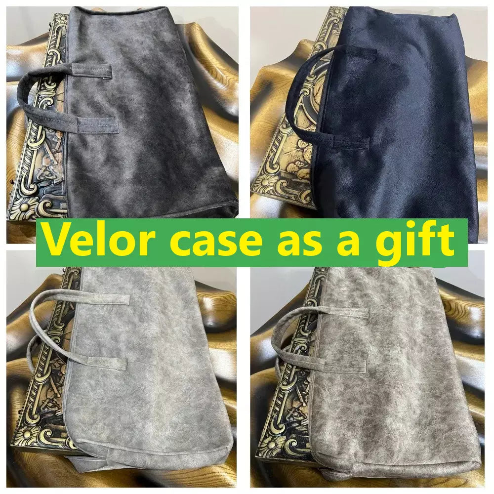 Velor carrying cases in multiple colors displayed on a carved wooden backgammon board, offered as a free gift.
