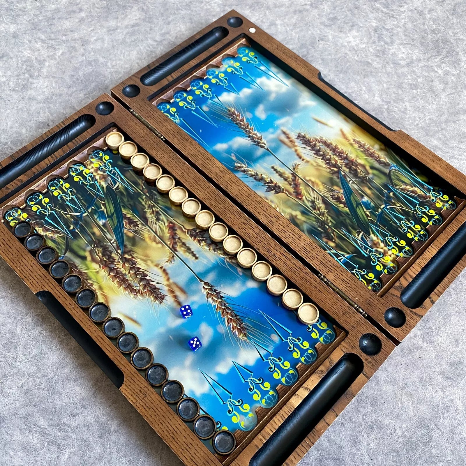 Handcrafted wooden backgammon set featuring wheat ears design under tempered glass, natural ash wood