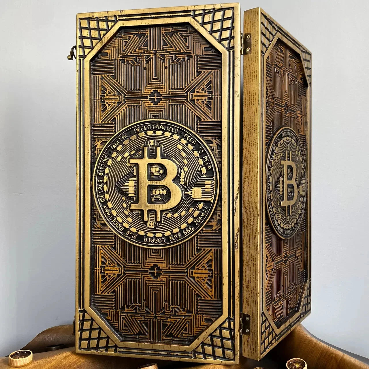 Hand-carved wooden backgammon set with Bitcoin cryptocurrency design, gold and black engraved cover, premium ash wood craftsmanship