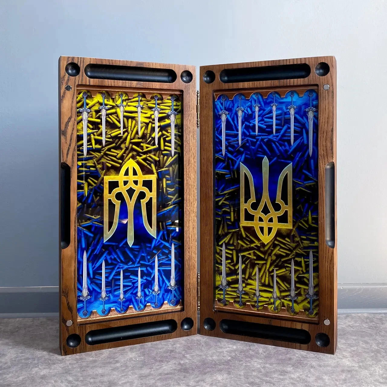Handcrafted wooden backgammon board with tempered glass, Ukrainian coat of arms Trident design