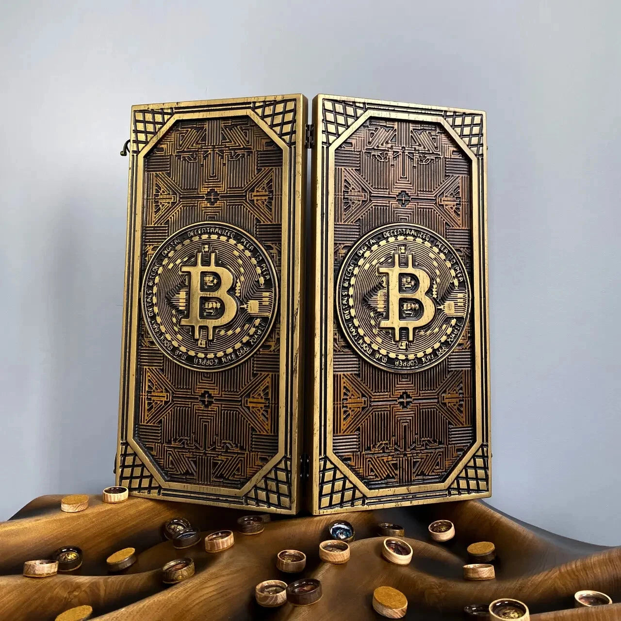 Luxury wooden backgammon board with Bitcoin symbol, carved ash wood interior, handmade chips and dice, premium gift set