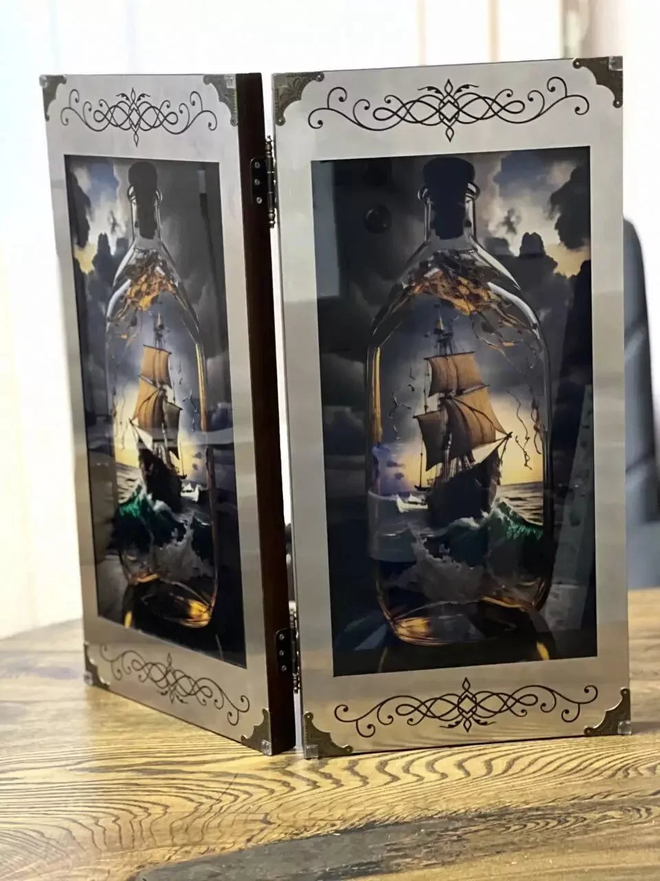 Handcrafted wooden backgammon set with ship in a bottle artwork, open board view with nautical fantasy design