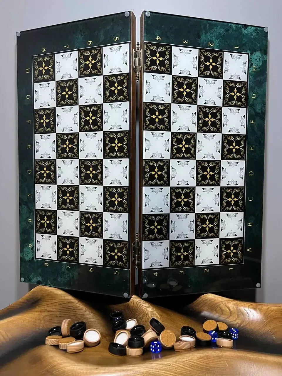 Full view of glass chess board with wooden frame, handmade luxury set