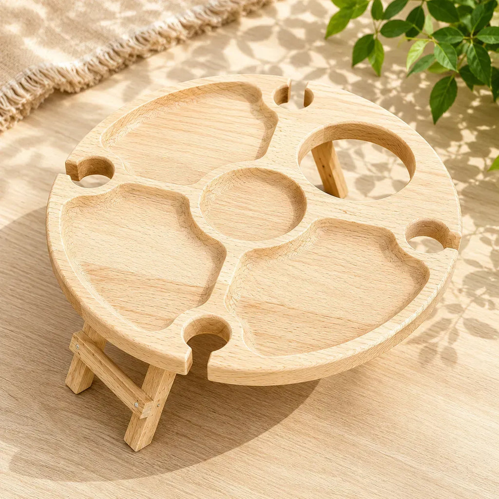 Foldable round wooden wine serving tray for outdoor picnics and wine gatherings