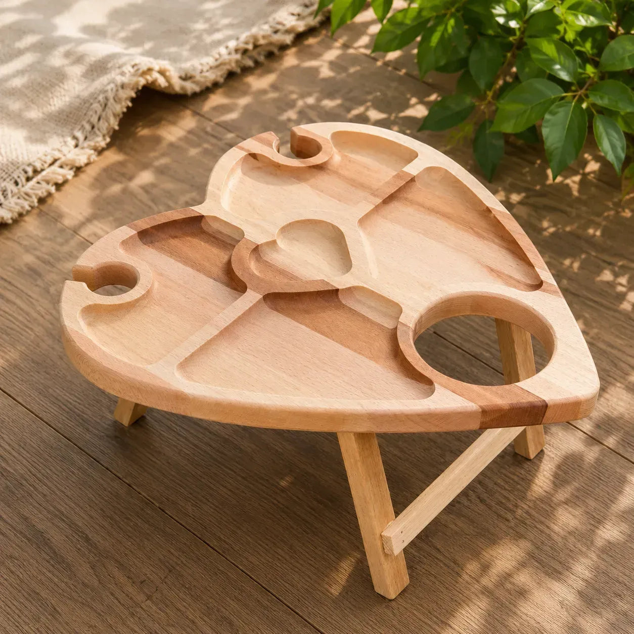Heart-shaped wooden wine table with bottle holder and snack compartments